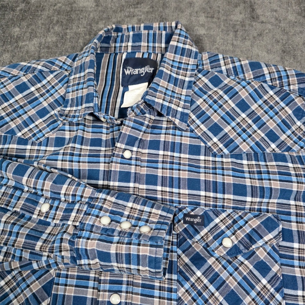 Wrangler Brushpopper Shirt Mens XL Blue Plaid Pearl Snap Western Rodeo Starch
